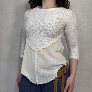Boho White Lace Top w/ Crochet Trim & 3/4 Sleeves Womens Small by Antoinette